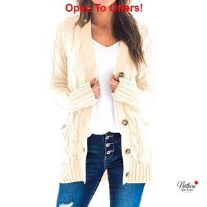 Chunky Cable Knit Cardigan Long Sleeve Button Front Pocket Casual Sweater